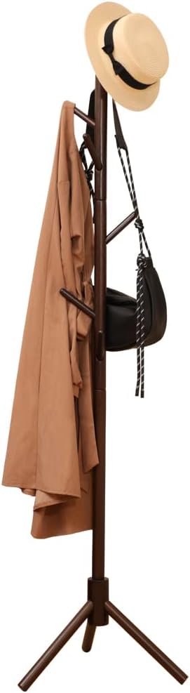 BAOYOUNI Standing Wooden Coat Rack Modern Garment Stand Hall Tree Jackets Hats Purses Hanger Holder with 8 Hooks for Bedroom, Living Room, Entryway, Office 68.5'' H x 16.92'' W - Brown