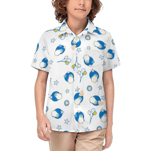 Boys Penguin Hawaiian Shirt Short Sleeve Casual Button Down Shirts Cute Summer Beach Shirts Tops for Kids Teens