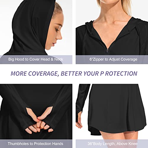 Women Beach Cover Up Long Sleeve Dresses Upf 50+ Shirts Sun Protection Zip Hoodie With Pockets Thumbholes Black Xl New #TOP4