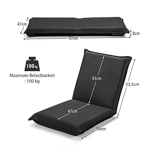 RELAX4LIFE Bodenstuhl klappbar, Bodensessel mit Liegefunktion, Lehnstuhl mit 6 Einstellbarer Rückenlehne, Bodensitz zum Fernsehen Lesen Spielen, Meditationsstuhl Lazy Sofa gepolstert (schwarz)