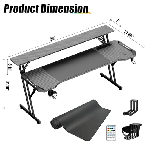 55 Inch Gaming Desk, Smart Computer Gamer Desk with LED Lights & Mouse Pad, Gaming Table with Power Outlet, Monitor Stand, Side Hook, Ergonomic Work Desks for Home Office, Carbon Fiber Black - Image 4