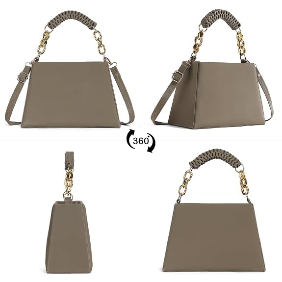 Image of Structured Handbag, Taupe, Faux Leather, with Gold Chain Handle, Braided Top Handle and Adjustable Crossbody Strap