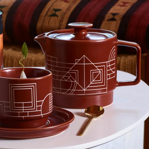 Image of Tea Forte Ceramic Teapot with Infuser, Frank Lloyd Wright, 20 oz | Sienna Etched Ceramic Teapot & Lid - Gold Loose Leaf Tea Infuser - Microwave & Dishwasher Safe