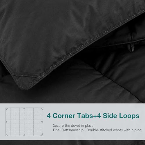 Image of KAKABELL Pinch Pleat Goose Down Feather Comforter, Queen Size, All Season, Black, 90 inchx90 inch, 100% Cotton Cover