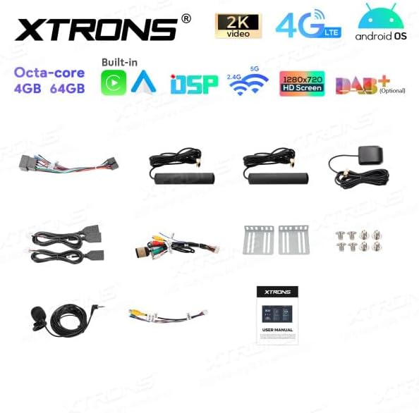 XTRONS TX121L Autoradio package contents including cables, antenna, and brackets