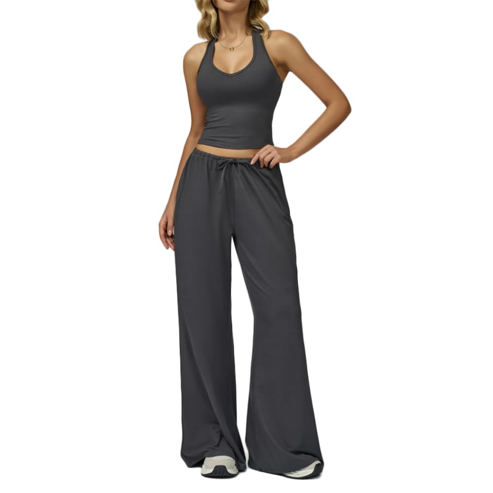 JPXJGT Women Yoga Set Tank Top and Wide Leg Pants Quick Dry V Neck Backless Sports Bra Workout Gym Fitness Two Piece Activewear(Size:XL,Color:Grey)