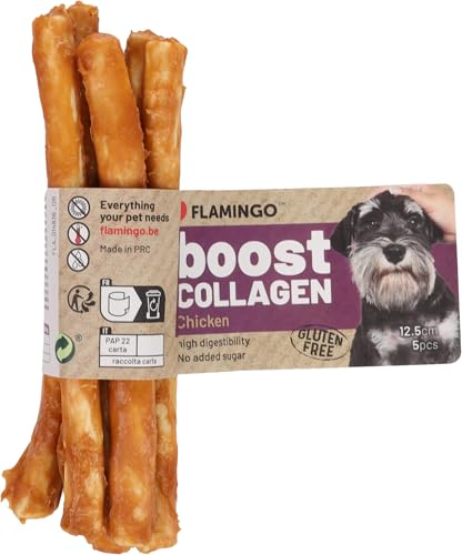 Flamingo Snack Boost - Barritas de Pollo con Colágeno - 12,5 cm, 30 g, ∅ 6 mm - Ideal para Beagle, Bulldog Francés, Teckel, Cocker Spaniel, Schnauzer Miniatura y Shih Tzu (Paquete de 6)