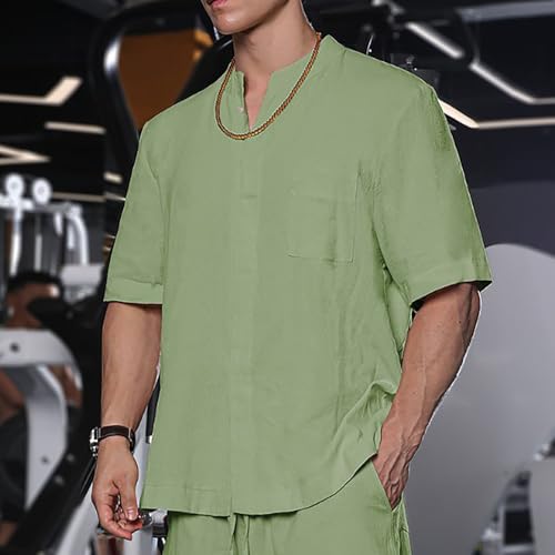 Cotton Linen Shirts for Men Casual V Neck Short Sleeve Henley Tops 2025 Summer Lightweight Gym Workout Athletic Tees2