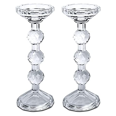 Crystal Pillar Candlestick Holder Set of 2 -10” Tall Candle Holder Roman Column Clear Glass Centerpiece Home Decor for Wedding, Romantic Dinner, Party (2X10) Cover