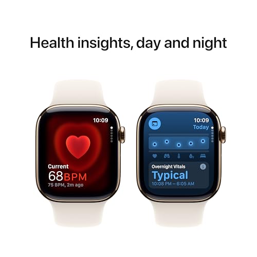 Image of Apple Watch Series 10 [GPS + Cellular 42 mm] Smartwatch with Gold Titanium Case with Starlight Sport Band- M /L. Fitness Tracker, ECG App, Always-On Retina Display, Water Resistant