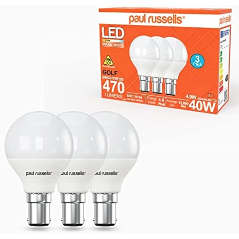 paul russells LED Golf Ball Light Small Bayonet Cap B15D, 40w Equivalent Bulb, 4.9W 470LM LED Bulbs, 2700K Warm White, Mini Globe Frosted G45 SBC Energy Saving Lamps, Pack of 3 Cover