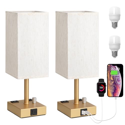 Gold Bedside Table Lamps Set of 2 - Dimmable, USB C+A, 2 AC Outlets by aooshine - Used condition - US$39.19