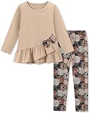 SOLOYEE Toddler Girl Clothes 5T 6T Girls Fall Winter Outfit, Long Sleeve Ruffle Bowknot Top + Floral Pants 2Pcs Clothing Set (Khaki, 5-6T)
