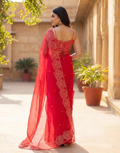 Image of SIRIL Women's Cotton Linen Printed, Zari Border One Minute Ready To Wear Saree With Unstitched Blouse Piece
