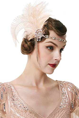 BABEYOND Diadema de plumas de pavo real de los años 20, gran Gatsby accesorios para el cabello para las mujeres (champán)