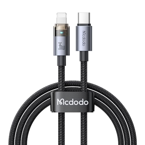 Image of mcdodo 36W USB-C to Lightning Cable with Flashing Light 4ft, Nylon Braided Lightning USB C Fast Charging Cable Fit for 14 13 12 11 /Pro /ProMax /Plus, iPad, AirPods, iTouch(Black)