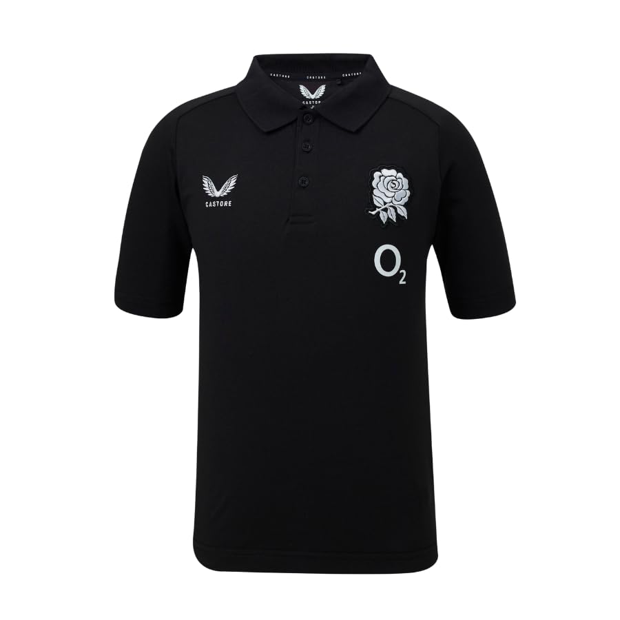 Castore England Rugby Unisex Polo Shirt, Black, 14 Years