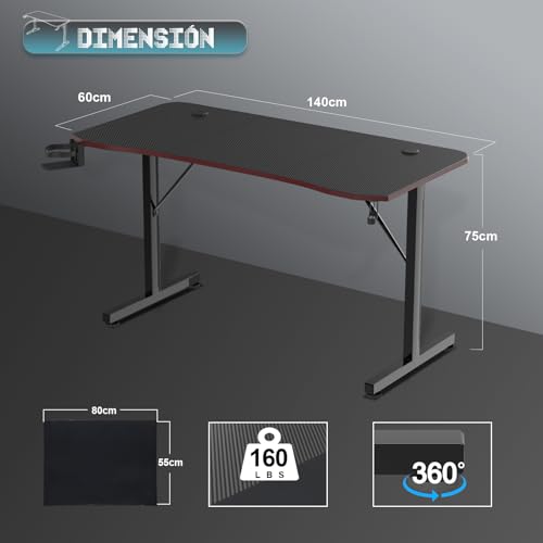 Miniatura 3 de Devoko Mesa Gaming 140 x 60 cm, Escritorio Gaming de Fibra de Carbono, Escritorio de Juego Ergonómico con Alfombrilla de Ratón, Ganchos para Auriculares y Soporte para Vasos de Agua