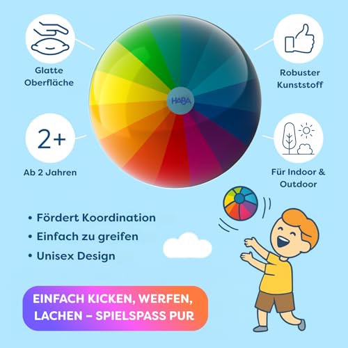 HABA Kinderball Regenbogen – 14 cm, mit Ventil, robuster Kunststoff, Spielball mit Regenbogenfarben, für drinnen & draußen, ab 2 Jahren – 2012749001