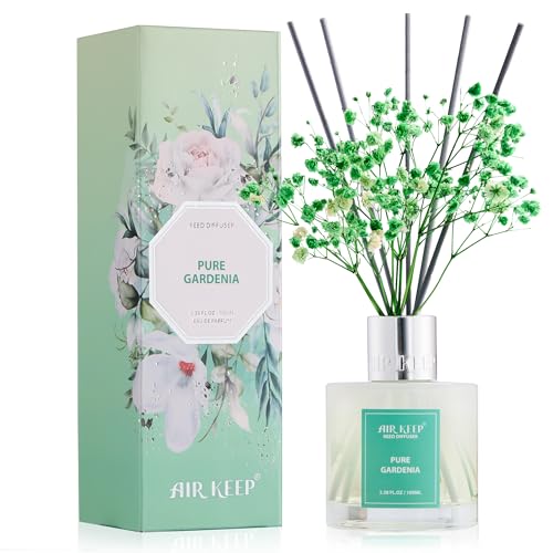 Image of Airkeep Reed Diffuser Set,3.38 fl oz (100 ml) - Pure Gardenia Oil Diffusers with 8 Reed Sticks, Home Fragrance Reed Diffuser for Bathroom Shelf Decor