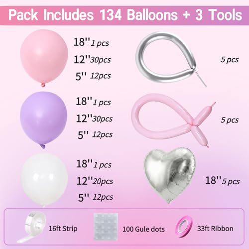 Image of Pink and Purple Balloon Arch Kit - Purple and Pink Balloons Garland with Silver Heart Foil for Girls Birthday Party, Baby Shower, Wedding, Bridal Shower, and Princess Theme Decorations