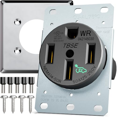 Image of BEBOBLY 50 Amp EV Charging Receptacle /Outlet, Weather-Resistant NEMA 14-50R EV Power Outlet with Wall Plate, U-Shaped Brass Clamp -Industrial Grade, 3-Pole 4-Wire Grounding, 125 /250V, UL Listed