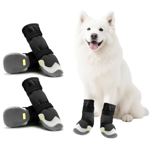 Hundeschuhe Pfotenschutz [4 Stück], Wasserabweisend & Atmungsaktiv, rutschfeste Sohle & Reflektierender Klettverschluss - Für Klein/Mittel/Großhunde | Hochschaftige Outdoor Hundestiefel (6#)