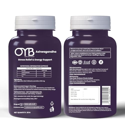 Image of OYB Ashwagandha Tablets - 500mg Standardized Extract, Ayurvedic Adaptogen for Stress Relief & Energy Support | Ashwagandha Supplement for Men & Women - 30 Capsules
