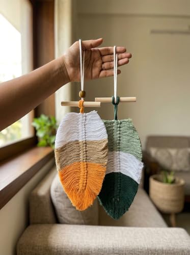Image of JH Gallery Handmade Tricolor Macrame Leaf Wall Decor, Boho Cotton Rope Hanging with Wooden Beads for Bedroom, Living Room, Balcony and Home Decoration. (Pack of 2)