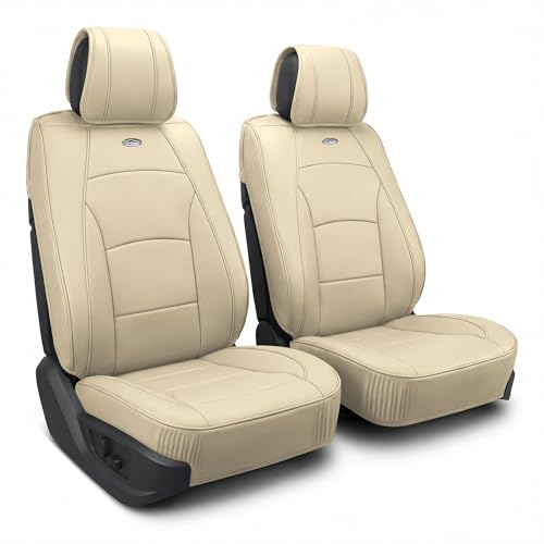 FH Group Car Seat Covers Front Set Solid Beige Faux Leather Seat Cushions - Car Seat Covers for Low Back Seat, Universal Fit, Automotive Seat Covers, Airbag Compatible Car Seat Cover for SUV, Sedan