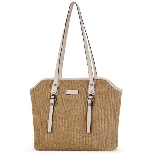 Image of Tote Bag for Women,Large Capacity Straw&Vegan Leather Tote Purses for Women,Shoulder Bags For Daily Travel Work Beach