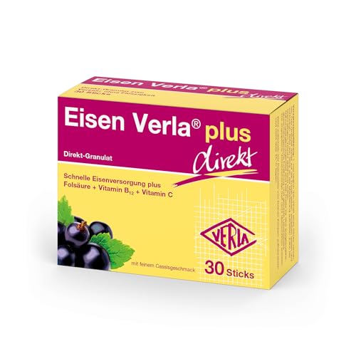 Eisen Verla plus direkt 4-fach Kombination aus Eisen + Folsäure + Vitamin B12 + C bei erhöhtem Eisenbedarf mit fruchtigem Cassisgeschmack glutenfrei zuckerfrei ohne Lactose & vegan 30 St