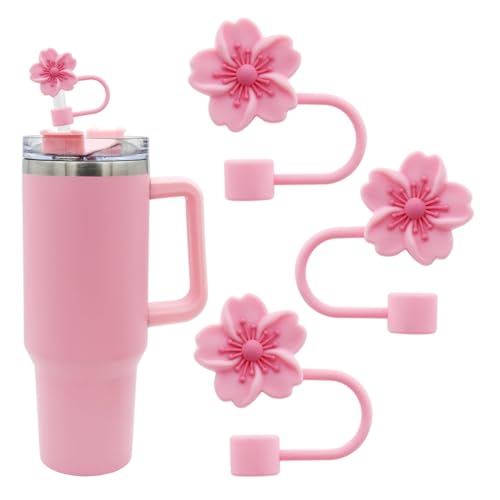 Image of 3pcs Cherry Blossom Silicone Straw Cover Cap for Stanley Cup,Straw Topper 10 mm 0.4 in Reusable Straw Tips Lids,Flower Straw Tip Covers Gift for Party Decor