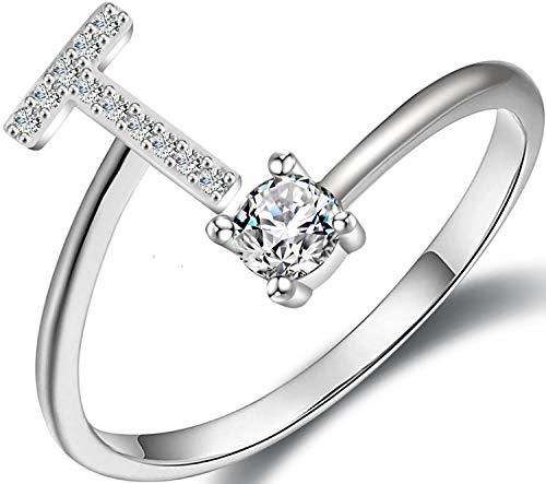 Initial Letter Ring for Women Girls Silver Stackable Alphabet Rings with Initial Adjustable Crystal Inlaid Initial Rings Bridesmaid Gift(T)