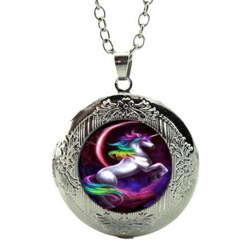 DianaL Boutique Silver Tone Unicorn Horse Rainbow Locket Pendant Necklace Glass Cabochon Art Picture Fashion Jewelry