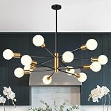 11'-52' Height Adjustable Modern Chandelier Ceiling Light Fixture, 12-Light Sputnik Chandeliers Brushed Gold and Matte Black Mid Century Chandelier Over Table, Chandeliers for Dining Room Living Room