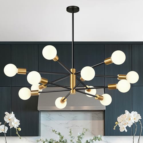 10.9"-52.3" Height Adjustable Modern Chandelier Ceiling Light Fixture, 12-Light Sputnik Chandeliers Brushed Gold and Black Mid Century Chandelier Over Table, Chandeliers for Dining Room Living Room
