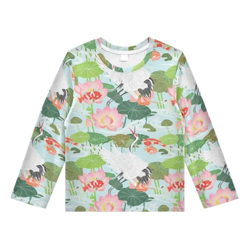 DOMIKING Crane Lotus Blue Boys Long Sleeve Rashguard Shirt Kids Quick Dry Swim Shirt for Kids Toddlers 9-10T