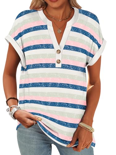 Image of ANRABESS Womens Short Sleeve Henley Tops V Neck Dressy Casual Blouses Summer Trendy Tee Shirts 2026 Vacation Fashion Clothes