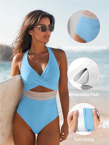 Image of B2prity Women's One Piece Swimsuit Tummy Control High Waisted Bathing Suit | Color Block,Removable Soft Cups,Cutout,V neck,Full Coverage,Adjustable Criss Cross Straps,Tie Back