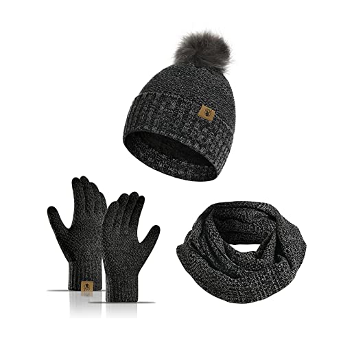 Femme Tricotés Ensemble d'hiver Bonnet écharpe Gants d'écran Tactile 3 en 1, Doublure Molleton Doux Bonnet tricoté Chaud Cache-Cou Extensible Gants tactiles à 3 Doigts pour Femme (Gris Foncé) Cover