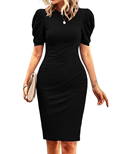 Cicy Bell Women's Puff Sleeve Bodycon Work Dresses Crew Neck Business Casual Office Pencil Dress - Image 3