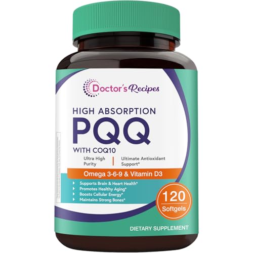 Doctors Recipes PQQ Supplement 40 mg with CoQ10 Omega 3-6-9 Essential Fatty Acids Highly Purified and Bioavailable Brain Energy Heart Health Pyrroloquinoline Quinone Disodium Salt 120 Softgels