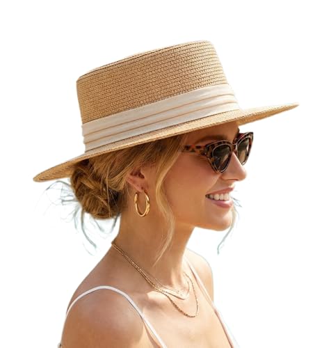 TYHOTULY Straw Sun Hats for Women Summer Beach Wide Brim Boater Hat Fashion Travel Vacation Fedora Panama UPF 50+ (Khaki Beige One Size)