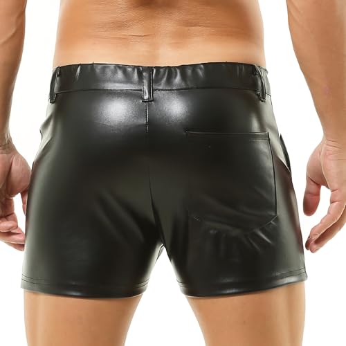 Men's PU Leather Shorts Flat Front Boxer Short Pants Casual Straight Leg Hot Shorts with Pocket & Zipper4