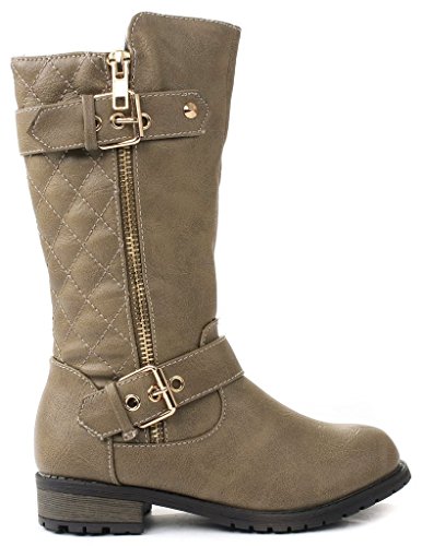 JJF Shoes Kids Girls Mango21 Taupe Dual Buckle/Zipper Quilted Mid Calf Motorcycle Boots-122