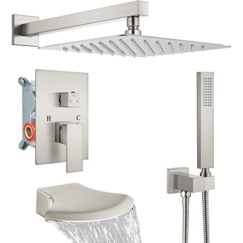Midanya Rain Shower System 10 Inch Brushed Nickel Tub Shower Faucet Set Square Rainfall Shower Head With Handheld Sprayer And Waterfall Tub Spout Rough-In Valve 3-Function Mixer Combo #TOP12