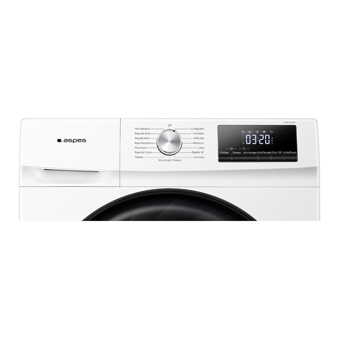Aspes Secadora Bomba Calor 8Kg, Carga Frontal, Blanco, ASB801A2DB. 650W, 15 Programas, Función Antiarrugas, Función Antiarrugas, Tambor Waterdrop, Display LED manual, Eficiencia Energética Clase A++