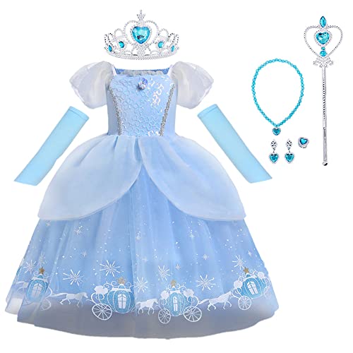 Marendyee Vestido de princesa para niñas y niños, disfraz de fiesta elegante, Halloween, cumpleaños, Navidad, cosplay, vestidos con joyería de princesa, traje para niñas de 4 a 5 años, color azul Cover