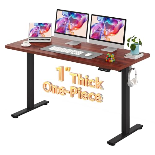 Image of SANODESK Electric Standing Desk 60 x 24 Inches Whole-Piece Desktop Height Adjustable Stand Up Desk w /6-Button Controller Ergonomic Computer Desk for Home Office, Black Frame + Mahogany Tabletop